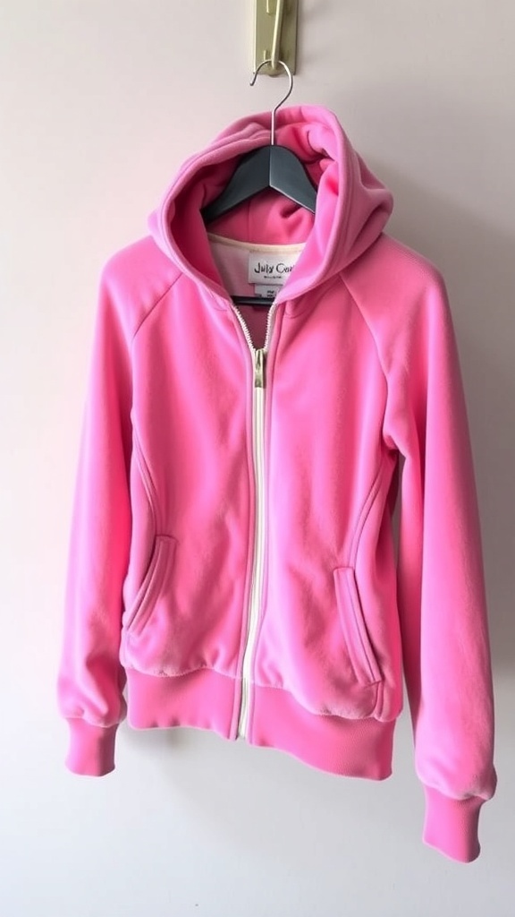 Juicy Couture Velour Jacket Recipe Juicy Couture velour jacket on a hanger, showcasing its design and color.
